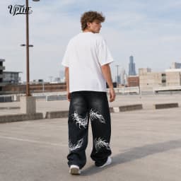 Men's Baggy Wide Leg Jeans, Y2K Vintage Washed Centipede Skeleton Graphic Print Denim Pants, Loose Fit Hip Hop Punk Streetwear Casual Trousers for Men