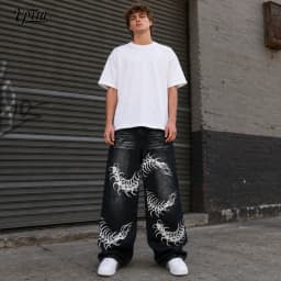 Men's Baggy Wide Leg Jeans, Y2K Vintage Washed Centipede Skeleton Graphic Print Denim Pants, Loose Fit Hip Hop Punk Streetwear Casual Trousers for Men