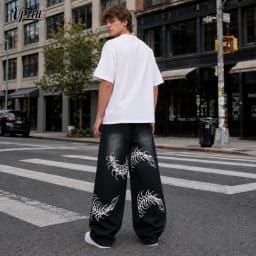 Men's Baggy Wide Leg Jeans, Y2K Vintage Washed Centipede Skeleton Graphic Print Denim Pants, Loose Fit Hip Hop Punk Streetwear Casual Trousers for Men