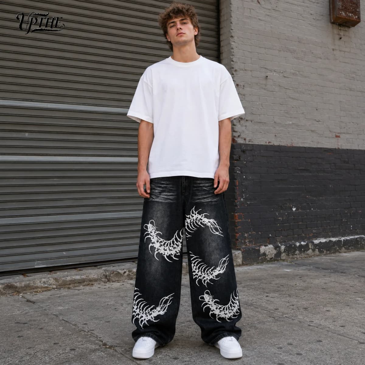 Men's Baggy Wide Leg Jeans, Y2K Vintage Washed Centipede Skeleton Graphic Print Denim Pants, Loose Fit Hip Hop Punk Streetwear Casual Trousers for Men