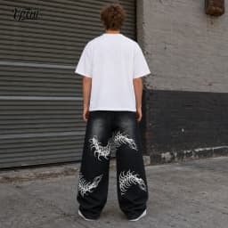 Men's Baggy Wide Leg Jeans, Y2K Vintage Washed Centipede Skeleton Graphic Print Denim Pants, Loose Fit Hip Hop Punk Streetwear Casual Trousers for Men