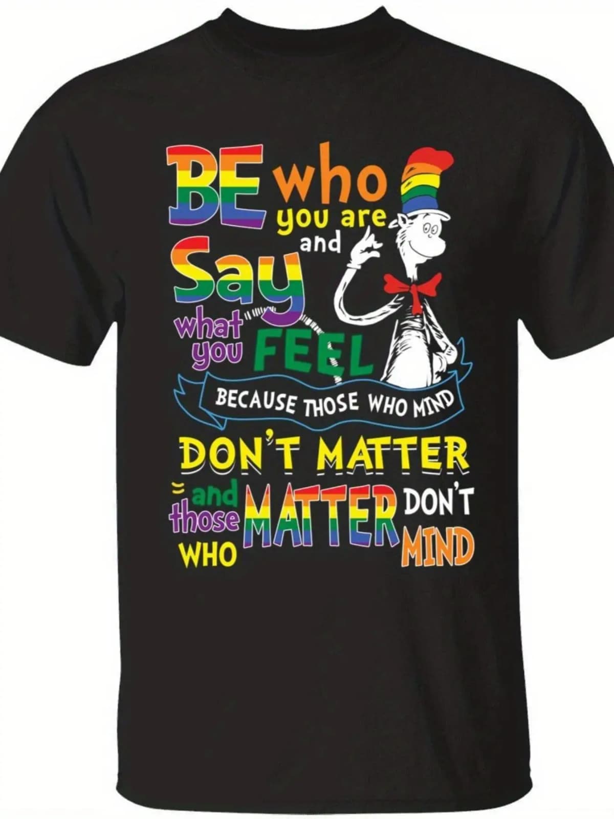 MEN'S PLUS SIZEPlus Size Men's T-Shirt BE Who You Are Say What You Feel Inspirational Black T-Shirt - Colorful Motivational Design with Cartoon Character, Casual Crew Neck Tee, Perfect Gift for Self-Expression and Empowerment