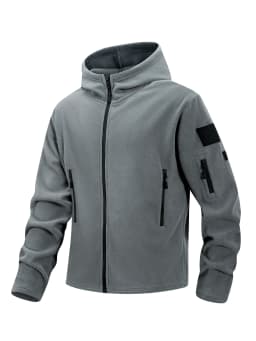 Men Fleece Hooded Jacket Full Zip Hoodie Multi Zipper Pockets Hook & Loop Patch Panel Coat Outdoor Warm Lightweight Hiking Fleece Hooded Top