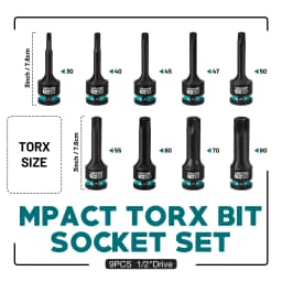 Impact Torx Bit Socket Set, 1/2" Drive, S2 Steel, T30-T80, 9PCS Impact Star Bit Socket Set, High Impact Torx Sockets, XPE Storage, Professional Mechanic Tools, Automotive Repair