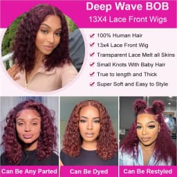 13x4 Lace Front 99j Burgundy Deep Curly Short Bob Wigs 250% Density Red Colored Wigs 99j Deep Wave Human Hair Wigs For Women 10 16 Inch