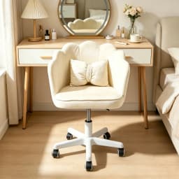Velvet Petal Desk Chair, Bow Cushion Vanity Chair, Mid-Back Swivel Upholstered Computer Task Chair for Girls Women, Home Office Chair with Wheels, Adjustable Height