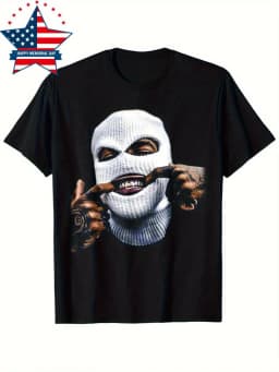 Men'S Retro 100% Tee Featuring a Hip-Hop Gang Mask And Goggles Design, Heat Transfer Printed for Casual Street Style, Round Neck, Short Sleeves, Regular Fit for Year-Round Comfort