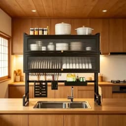 Multifunctional Double‑Tier Under‑Sink Kitchen Storage Rack with Dust‑Proof Cabinet Door, Knife Holder, Cutting Board Shelf, Cleaning Basket and Dish Drying Rack
