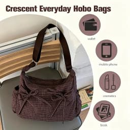 Women's Grid Pattern Crossbody Bag, Casual Large Capacity Shoulder Bag with Adjustable Strap & Side Pockets, Bow Decor Hard Bottom Lightweight Hobo Handbag for Daily Commute Shopping Travel