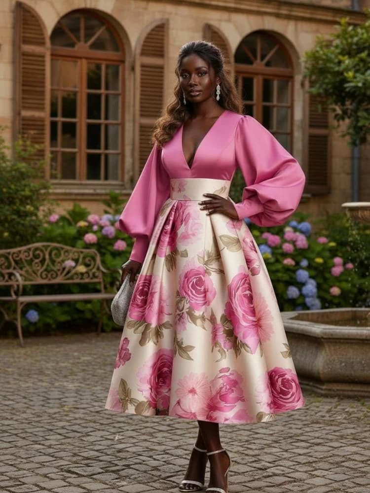 Plus Size V Neck Puff Sleeve Pleated Midi Dress For Women Formal Evening Banquet Ceremony Swing Long Dress