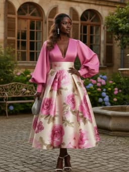 Plus Size V Neck Puff Sleeve Pleated Midi Dress For Women Formal Evening Banquet Ceremony Swing Long Dress