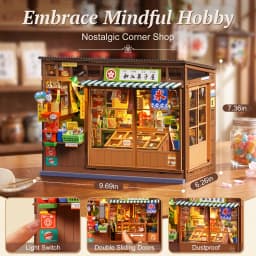 Rolife DIY Book Nook Kit 3D Puzzle Nostalgic Corner Shop Bookends with Sliding Door & LED Light for Bookshelf Decor Wooden DIY Dollhouse Toys for Holiday Gift
