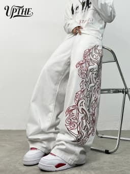 Men's Ultra Baggy Wide Leg White Jeans, Y2K Large Tribal Totem Embroidery Denim Pants, Loose Fit Hip Hop Streetwear Casual Trousers for Men