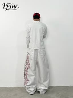 Men's Ultra Baggy Wide Leg White Jeans, Y2K Large Tribal Totem Embroidery Denim Pants, Loose Fit Hip Hop Streetwear Casual Trousers for Men