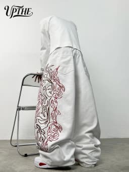 Men's Ultra Baggy Wide Leg White Jeans, Y2K Large Tribal Totem Embroidery Denim Pants, Loose Fit Hip Hop Streetwear Casual Trousers for Men
