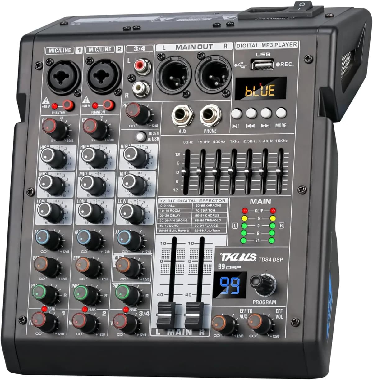 4-Channel Mixing Console for Home Audio, USB Sound Mixer Board with 99 DSP Effects, 48V Phantom Power and XLR Inputs, Perfect for Karaoke and Recording