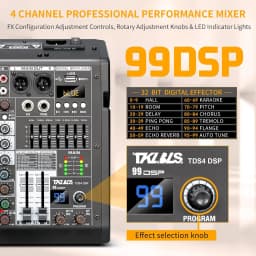 4-Channel Mixing Console for Home Audio, USB Sound Mixer Board with 99 DSP Effects, 48V Phantom Power and XLR Inputs, Perfect for Karaoke and Recording