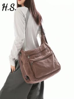 Vintage Washed Canvas Tote Bag With Multiple Pockets, Adjustable Shoulder Strap, Large Capacity Commuter Shoulder/Crossbody Bag, European And American Casual Style, Multi-Zipper Pockets, Casual Shopping Bag,College Messenger Bag sg260516171583332871764