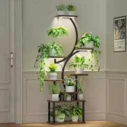 8-Tier Indoor Plant Stand with Grow Lights Adjustable Wooden Shelves Full Spectrum Timer Space-Saving Flower Pot Holder for Living Room Bedroom Balcony