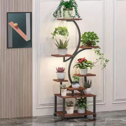 8-Tier Indoor Plant Stand with Grow Lights Adjustable Wooden Shelves Full Spectrum Timer Space-Saving Flower Pot Holder for Living Room Bedroom Balcony