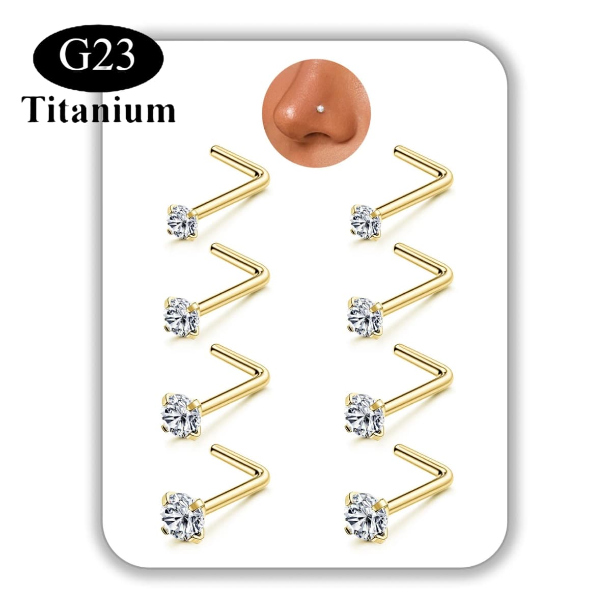 8PCS Hypoallergenic Titanium Nose Studs for Women Men 18G 20G Corkscrew & L Shape Studs CZ Nose Rings Nostril Rings Stud Screw Piercings Jewellery 1.5mm 2mm 2.5mm 3mm
