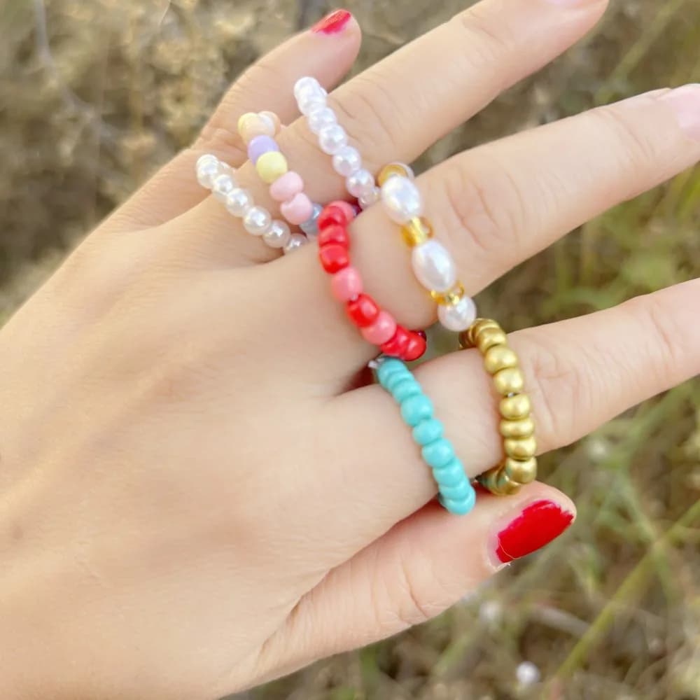 Elastic Beaded Ring Featuring Acrylic Pearls in Wave Drop Geometric Shapes Korean Style Unisex Jewelry Fresh Sweet Design Multip
