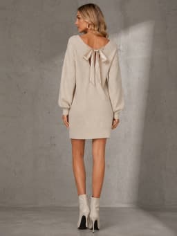 Women V‑Neck Oversized Knit Sweater Dress, Back Satin Bow Tie‑Back Long Puff Sleeve Loose Mini Knit Dress for Fall Party Daily Going‑Out Outfit
