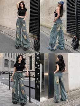 Y2K Distressed Ripped Wide Leg Jeans for Women, High Waist Tie‑Dye Camouflage Denim Pants, Loose Baggy Destroyed Denim Trousers Streetwear Club Daily Outfit