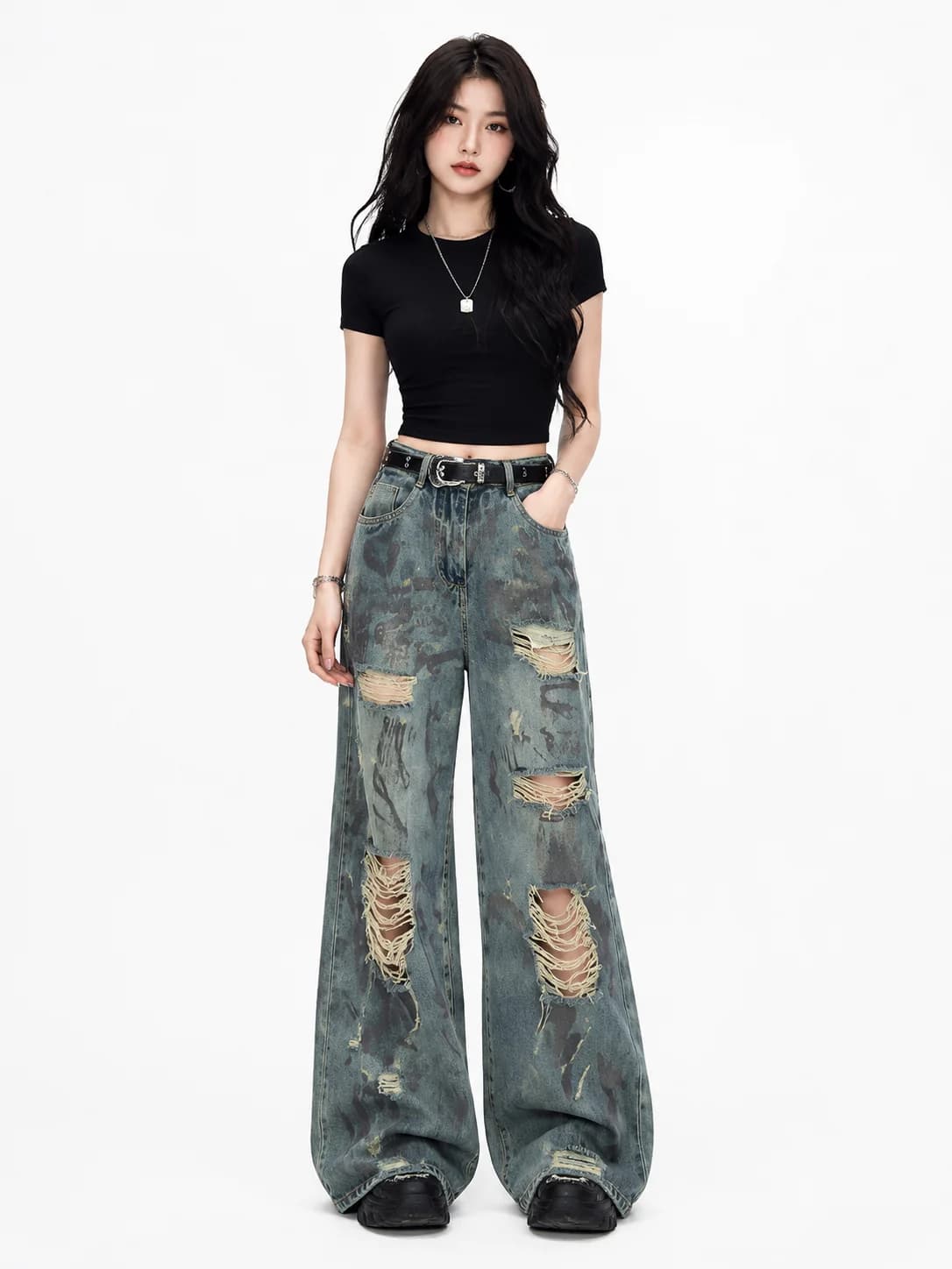 Y2K Distressed Ripped Wide Leg Jeans for Women, High Waist Tie‑Dye Camouflage Denim Pants, Loose Baggy Destroyed Denim Trousers Streetwear Club Daily Outfit