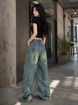 Y2K Distressed Ripped Wide Leg Jeans for Women, High Waist Tie‑Dye Camouflage Denim Pants, Loose Baggy Destroyed Denim Trousers Streetwear Club Daily Outfit
