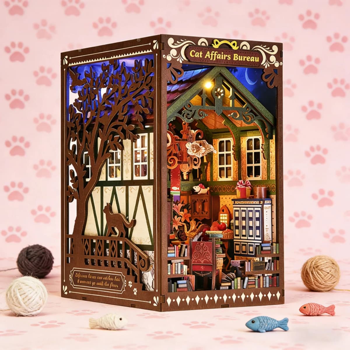 Book Nook Kit Kitty Cat 3D Puzzle Wooden DIY Home Decoration For Bookshelf Miniature Insert Magic Book House Stand Bookshelf