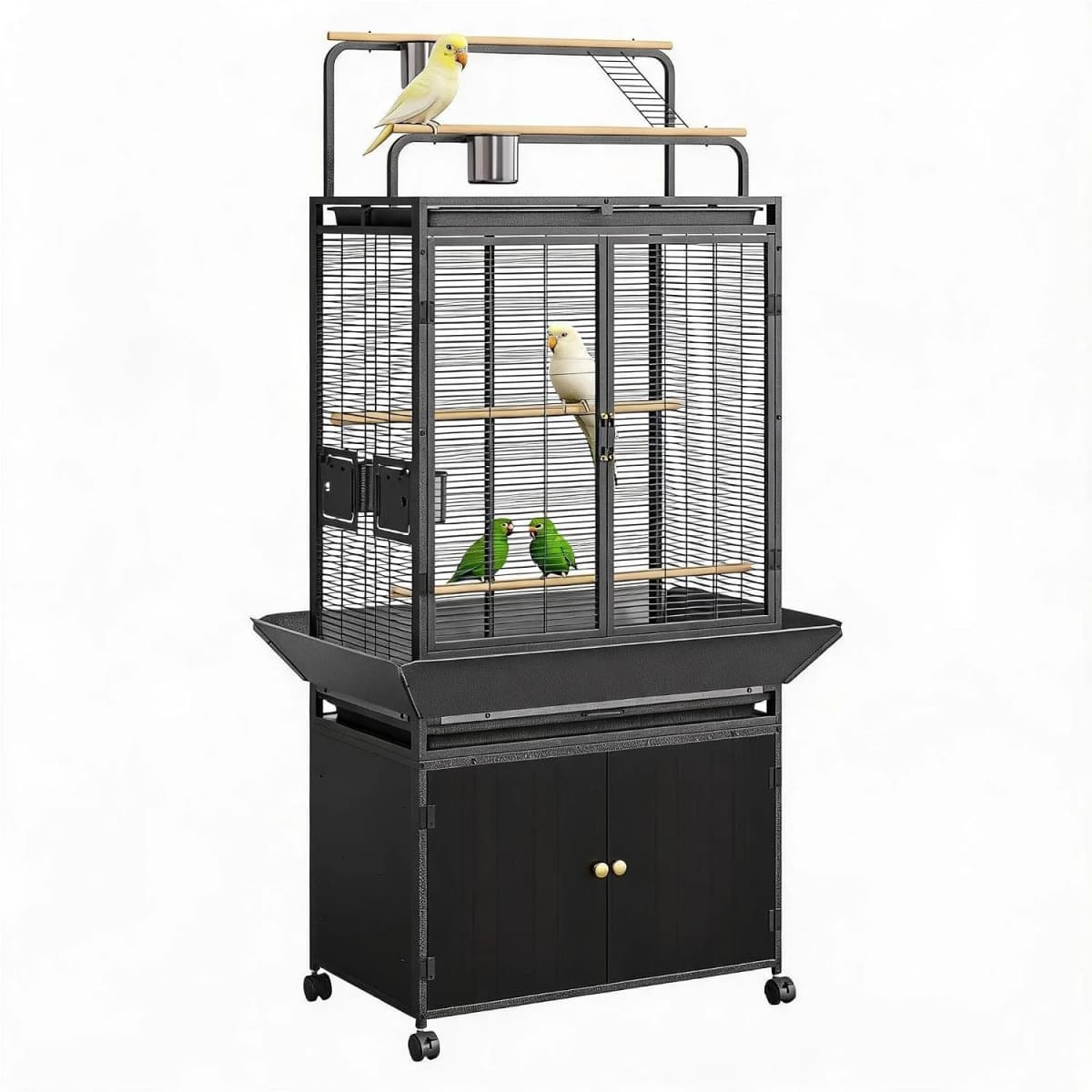 71 Inch Large Bird Cage, Corner Flight Birdcage, Storage Cabinet Play Top, Metal Rolling Bird Aviary, Wide Walnut Wood Parakeet Cage for Macaw Parrot Cockatiel Budgie
