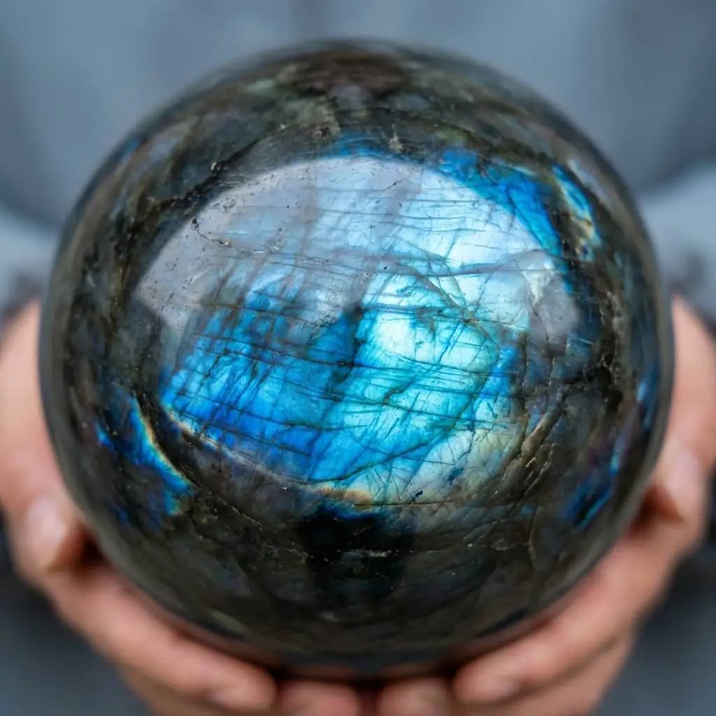Natural Labradorite Crystal Sphere Ball 1.6-2.8in with Wood Base Large Handmade Aurora Flash Iridescent Labradorescence High Quality Home Decor Desk Ornament Office Decor Room Decor Bedroom Decor Table Centerpiece Collectible Specimen Wooden Stand Display