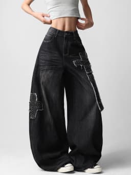 American-Style High Street Patchwork Studded Design Black Loose Jeans Women Y2K Trendy Streetwear Fashionable Casual Versatile Wide-Leg Pants