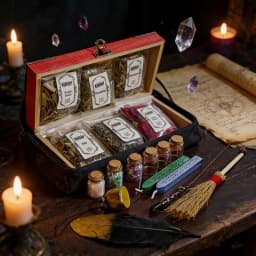 Beginner Wiccan Altar Kit in Vintage Mahogany Box, Complete Witchcraft Ritual Set with Herbs, Crystals, Tools & Guide, Teacher Appreciation Giftable Witch Box for Family & Friends, 7.87x3.94 Inches