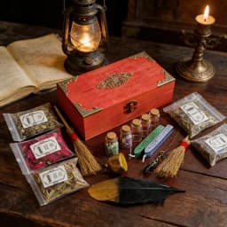 Beginner Wiccan Altar Kit in Vintage Mahogany Box, Complete Witchcraft Ritual Set with Herbs, Crystals, Tools & Guide, Teacher Appreciation Giftable Witch Box for Family & Friends, 7.87x3.94 Inches