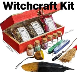 Beginner Wiccan Altar Kit in Vintage Mahogany Box, Complete Witchcraft Ritual Set with Herbs, Crystals, Tools & Guide, Teacher Appreciation Giftable Witch Box for Family & Friends, 7.87x3.94 Inches