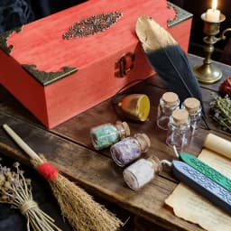 Beginner Wiccan Altar Kit in Vintage Mahogany Box, Complete Witchcraft Ritual Set with Herbs, Crystals, Tools & Guide, Teacher Appreciation Giftable Witch Box for Family & Friends, 7.87x3.94 Inches