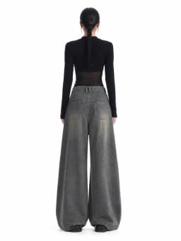 Women Vintage Washed Wide Leg Jeans High Rise Seam Detail Baggy Flare Denim Pants Y2K Retro Distressed Loose Trousers Streetwear Daily Going‑out Outfits