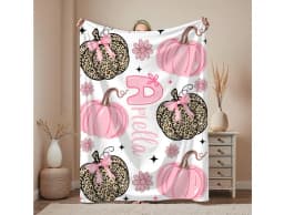 Personalized Halloween Blanket: Pink Leopard Pumpkins Velveteen Plush