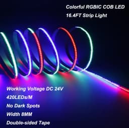 ETL Listed 16.4ft/5m 24V DC RGBIC COB LED Strip Lights with App Control DIY Multiple Colors on One Line Color Changing for Home Party Gaming Room Decor(Power Supply Included)