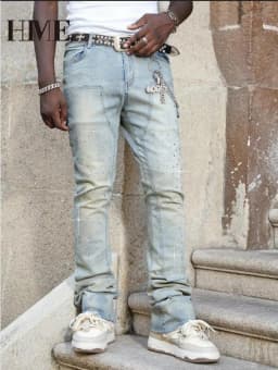 【HME】Men's Jeans | Rhinestone Embellished Stacked Flare Denim Pants for Men, Light vintage Washed Denim Trousers with Full-Body Hot-Fix Rhinestones, Contrast Stitching, Multi-Pocket Construction Fashion Streetwear Men Pants