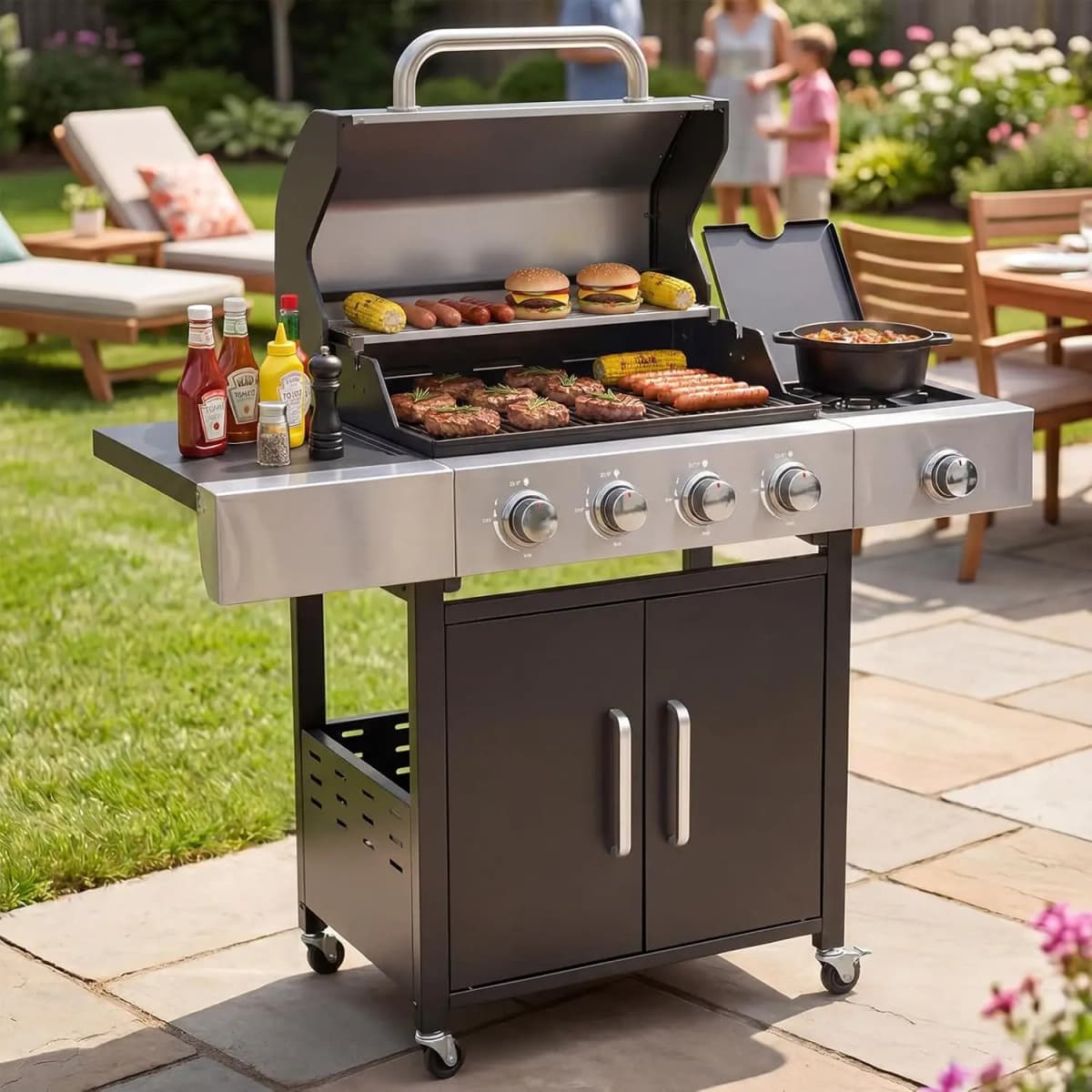4-Burner 49000 BTU Propane Grill with Side Burner, Black Stainless Steel Gas Grill, Heavy-Duty Cooking Grates & Side Tables for Backyard Patio Camping