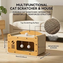 3-In-1 Cat Sofa Bed With Scratching Board, Multifunctional Cat House With Hanging Plush Ball Toy, Corrugated Cardboard Cat Scratcher Hideout For Indoor Kitten Rest & Play
