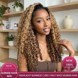 30 Inch Highlight Burmese Curly Half Wig Human Hair Wear and Go Wigs P4/27 Omber Brown to Honey Blonde 3-in-1 Machine Curly Wig For Women