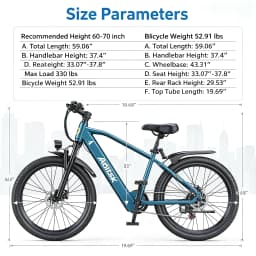 GT300‑24 Blue 24 Inch Adult Electric Bike 48V 23Ah Removable Lithium‑ion Battery Hydraulic Disc Brake Front Shock Absorber Smart LCD Display 3 Riding Modes City Commuter Mountain Ebike for Daily Travel Outdoor Recreation