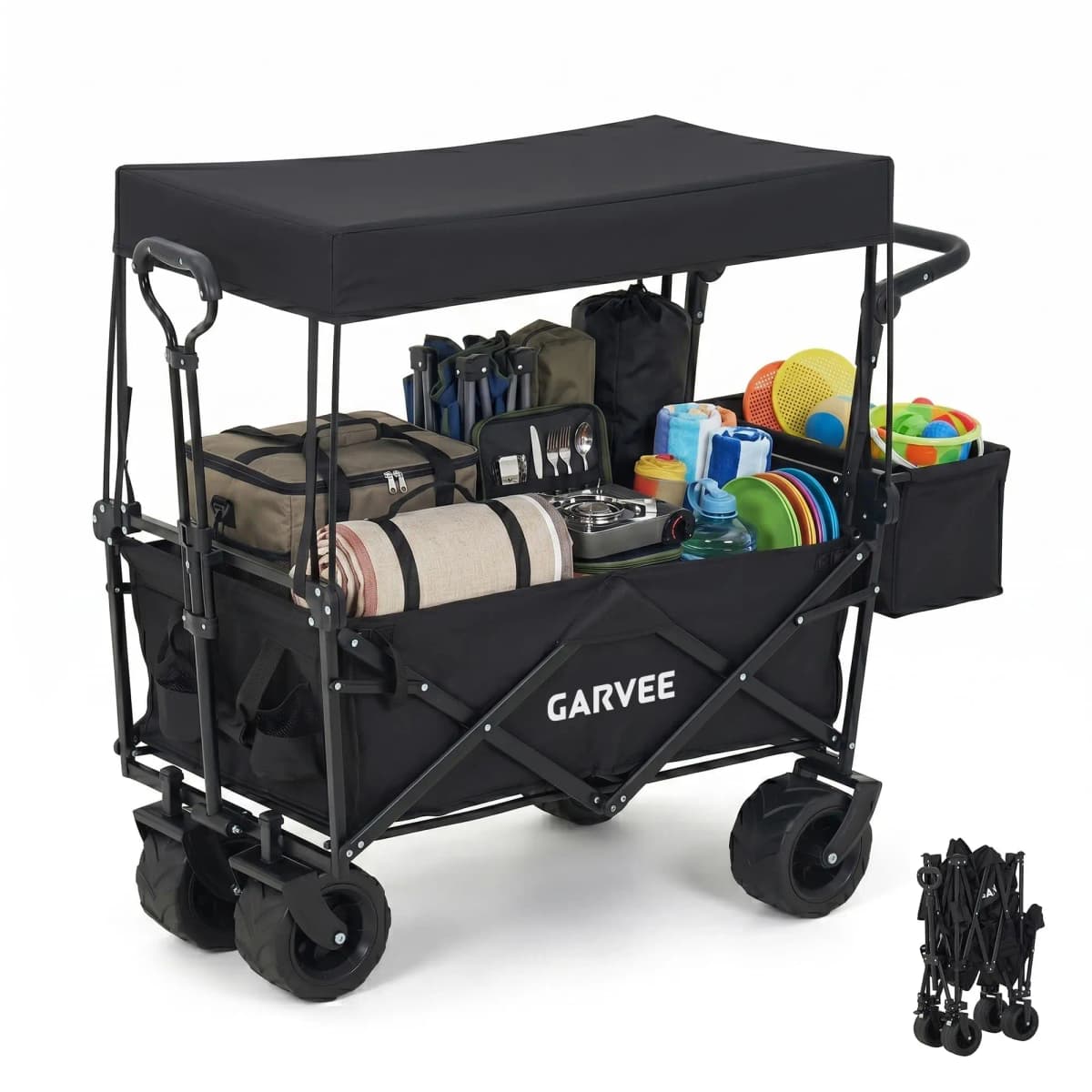 220LB Folding Utility Wagon Cart With Removable Canopy Tailgates Storage Pocket Push Pull Outdoor Beach Camping Garden Grocery Hauler