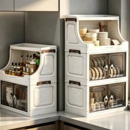 Foldable Storage Bins With Open Shelf, Stackable Mobile Storage Cabinet With Doors, Multifunctional Modular Organizer System With Wheels, Portable Storage Trolley Cart For Entryway, Living Room, Bedroom, Bathroom, Kitchen, Organization And Storage