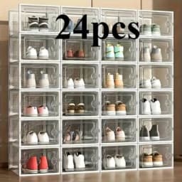 6 12 24 Transparent Plastic Stackable Shoe Rack Foldable Shoe Box Organizer Space Saving Storage Container with Flip Door for Entryway Closet Dorm Room Bathroom Stackable Clear Sneaker Storage Unit