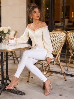 Elegant Off Shoulder Corset Crop Tops for Women, Ruffled Trim Puff Long Sleeve Smocked Back Button Down Blouse Casual Party Evening Shirt